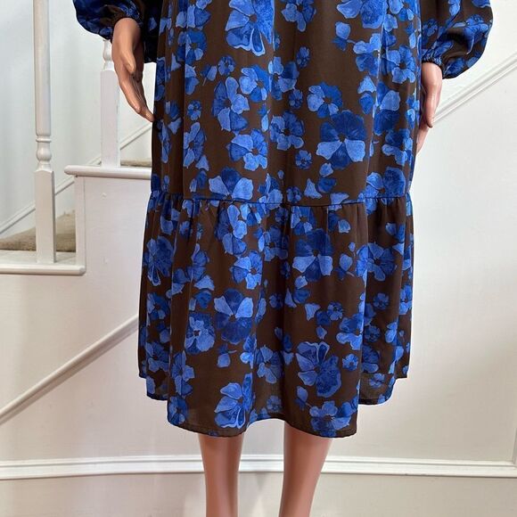 Adorable brown blue floral peasant midi dress - Picture 3 of 12